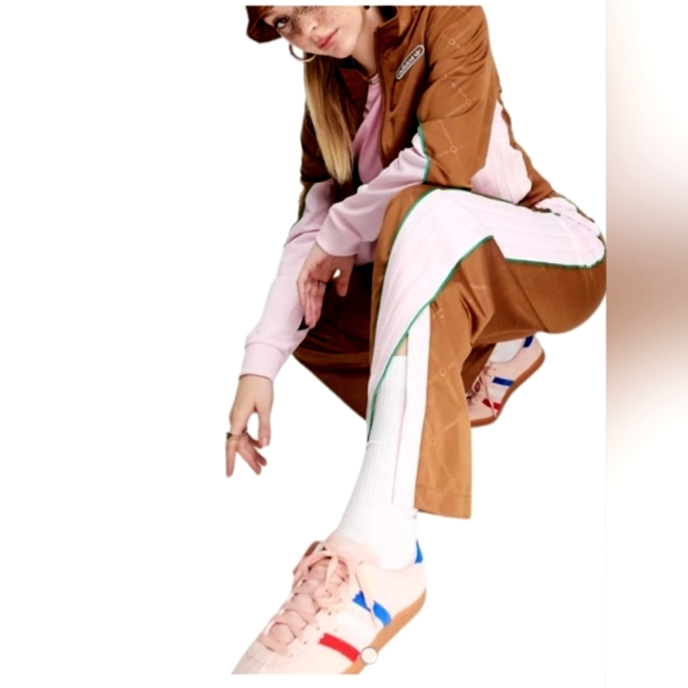 ADIDAS Wide Leg Carmel Brown Pink 3 Stripe Baggy High Rise Bell Hem Sport Pant M - Picture 2 of 16